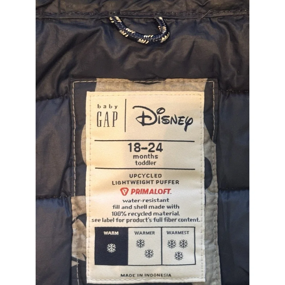 Baby Gap Disney Mickey Mouse Puffer Jacket 18-24 Months Grey Navy Hooded Winter